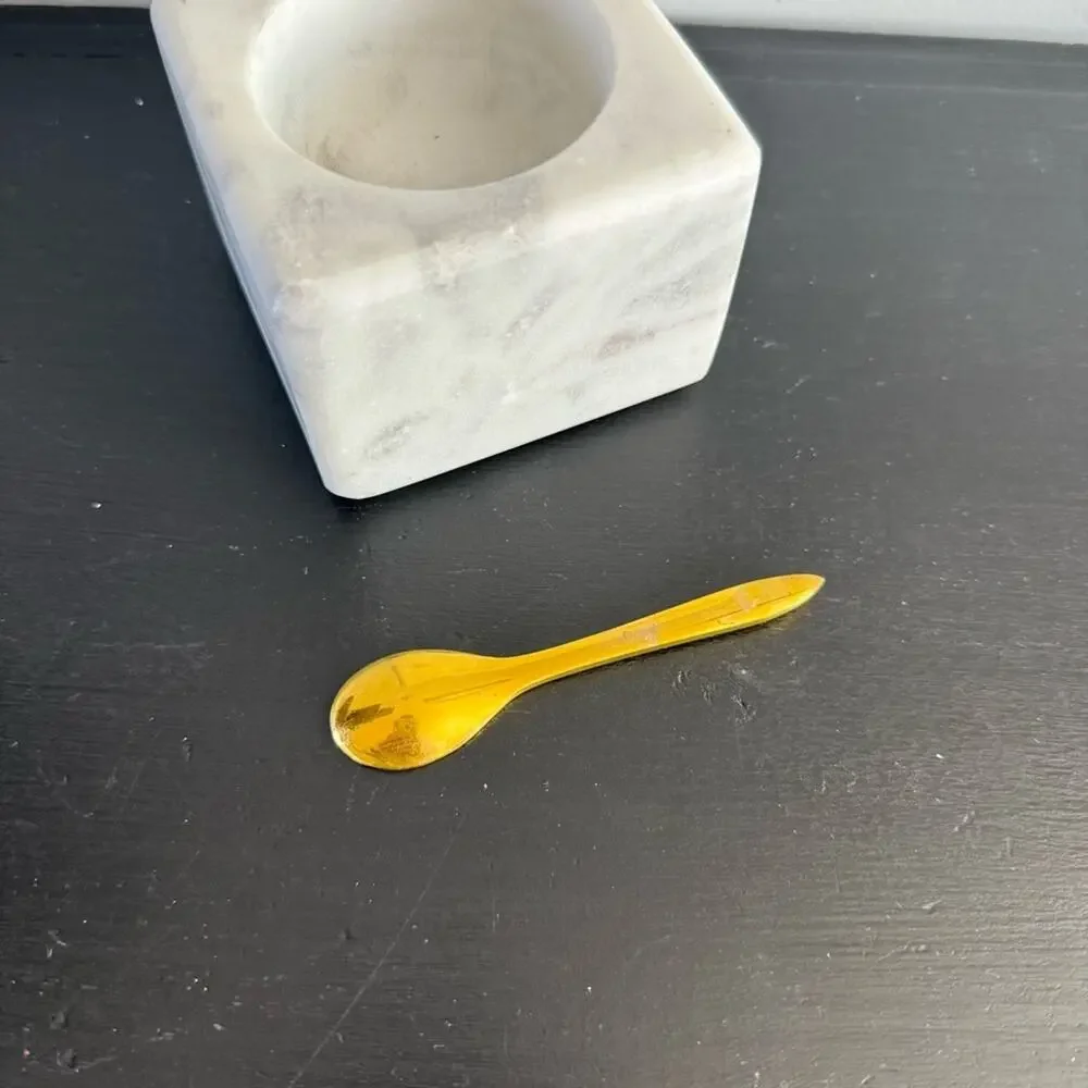 Unbranded | Square White Marble Salt Celler Bowl & Brass Spoon Pinch Pot Spice